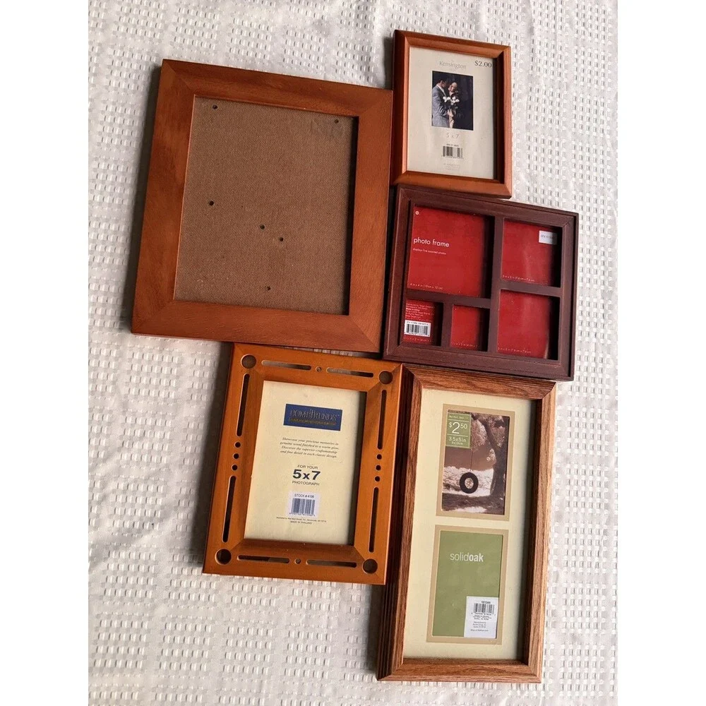 Lot of 5 Wooden Photo Frames - Rustic and Classic Style (Various Sizes)